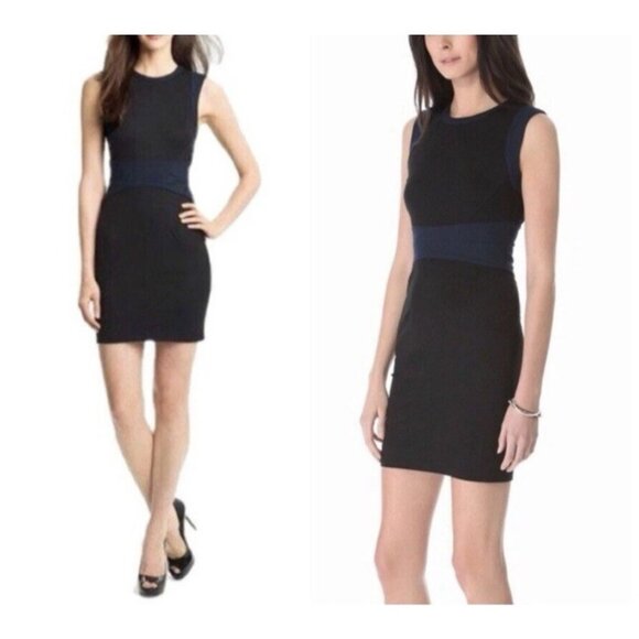 DVF Diane Von Furstenberg Dress 4 Navy Blue Trim on Black Stretch Career - Picture 1 of 13